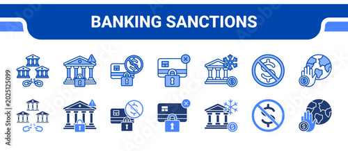 Tableau sur toile Banking Sanctions Icon Collection,  featuring SWIFT Ban, Bank Restrict, Financial Block, Payment Block, Asset Freeze, Currency Ban, Economic Sanction