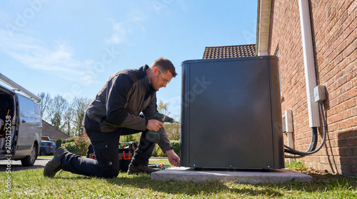 Technician installing outdoor home heat pump unit beside brick house using power drill with service van nearby showing renewable energy upgrade efficiency maintenance clean technology