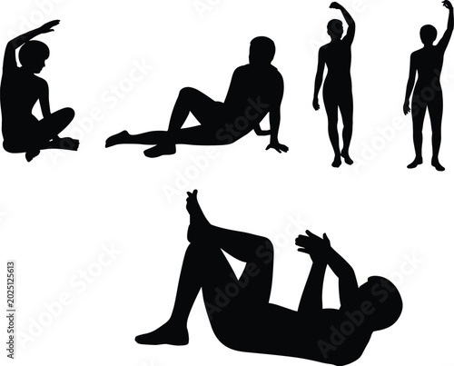 Schilderij op canvas Human body silhouette collection with sitting standing and stretching poses isol