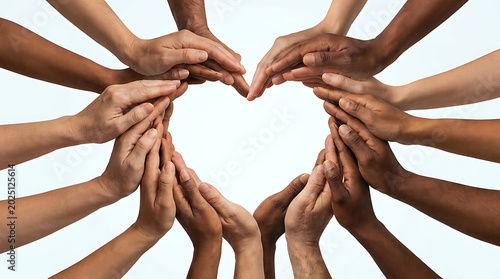 Diverse multicultural hands forming heart shape symbol for unity and collaborative partnership, representing global teamwork, togetherness, community support, and inclusive social connection.