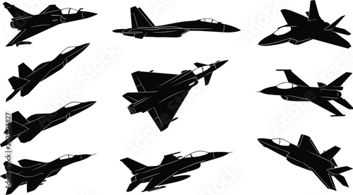 Collection of black silhouette fighter jet icons showcasing diverse modern military aircraft designs with aerodynamic variations