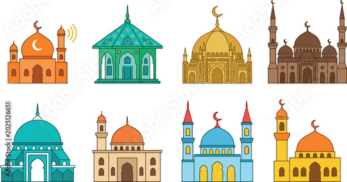 Foto Mosque Vector Illustration Collection with Islamic Architecture, Ramadan Religio