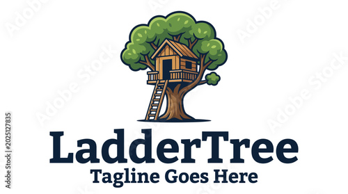 Billede på lærred Treehouse perched on a ladder within a leafy tree logo design