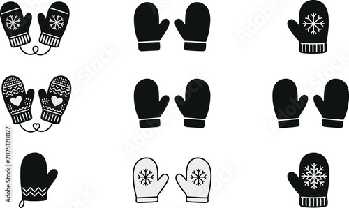 Canvastavla Winter mitten vector icon collection with knitted gloves and snowflake handwear