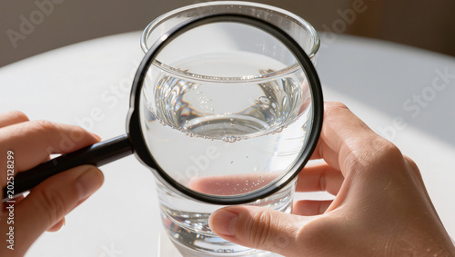 Magnifying Glass Inspecting Water Quality in Clear Glass