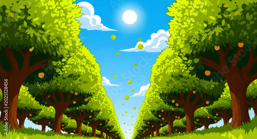Cartoon apple orchard with fruit trees under a bright sun. Falling apples and foliage create a colorful harvest scene. Organic farming concept for agricultural marketing.