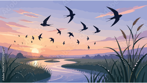 Bild auf Leinwand Flock of Birds Migrating Over River at Sunset, Nature Landscape Illustration