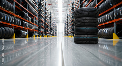 Stack of four car tires on a polished industrial warehouse floor. Large inventory of tires stored on metal racks in a professional logistics facility. Automotive supply chain concept.