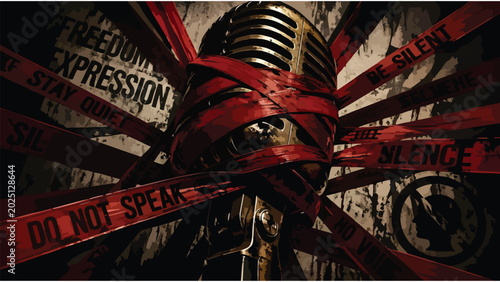 Censorship & Suppression: Muted Microphone, Freedom of Speech Denied, Media Control Concept