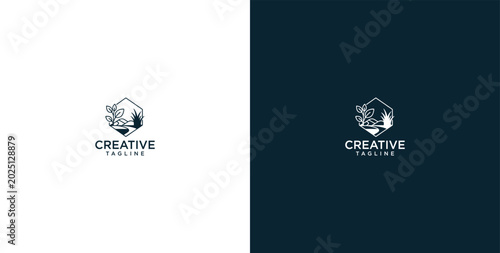 Tableau sur toile Minimalist hexagonal floral emblem with delicate botanical elements and customiz
