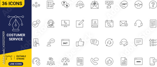 Tableau sur toile Customer service set icon collection of clean outline symbols representing support headsets, telephone operators, live chat bubbles, and help manuals