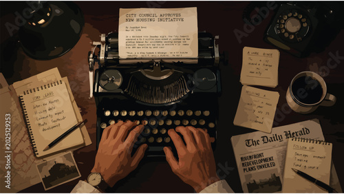 Quadro su tela Vintage Typewriter Office Scene: Writer Typing Manuscript, Desk Setup