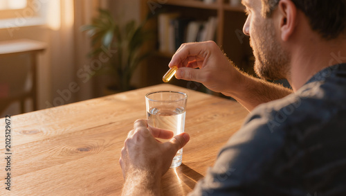 Man Taking Gel Capsule with Water for Health Supplement