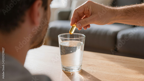 Man taking health supplement with a glass of water on a wooden table