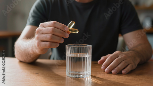 Man Taking Golden Omega-3 Fish Oil Capsules for Health