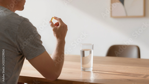 Man taking health supplement with water, morning light, natural well-being