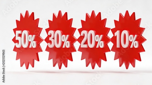Collection of four red starburst shapes with discount percentages: 50%, 30%, 20%, and 10% in white text, isolated on a white background. Commercial sale promotion concept.