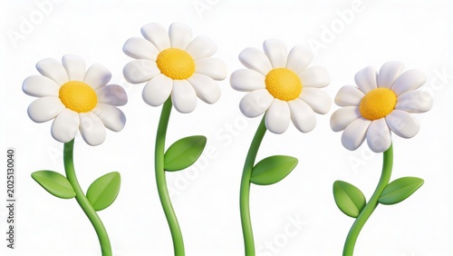 Cute Rendered White Daisies with Yellow Centers on Green Stems and Leaves, Isolated on White Background, Spring Summer Floral Arrangement