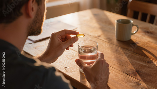 Man Taking Omega-3 Capsule with Water at Home
