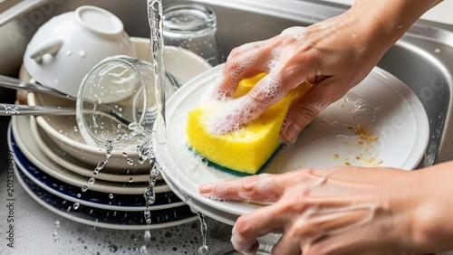 水しぶきを上げ泡立つスポンジで汚れた皿を丁寧に洗う手元明るい光が差し込むキッチン風景. AI Generated