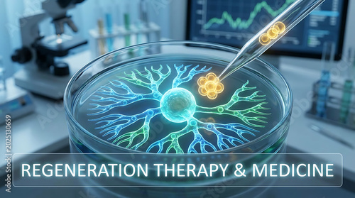 Regenerative medicine research focusing on therapeutic stem cell therapy for repairing biological tissue damage and treating chronic disease through advanced multicellular cellular regeneration