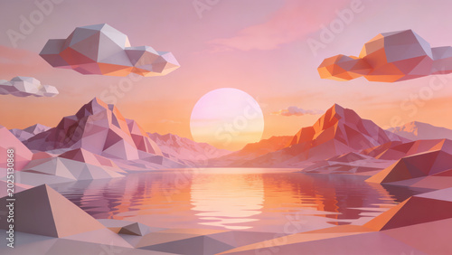 Low Poly Geometric Mountains and Lake at Sunset, Surreal Landscape with Abstract Shapes and Soft Pastel Colors