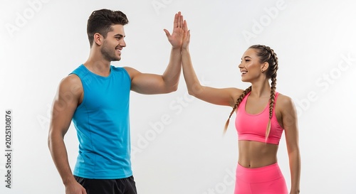 運動着の笑顔の男女が白い背景で達成感を分かち合い明るい光の中で力強くハイタッチするポジティブな瞬間. AI Generated