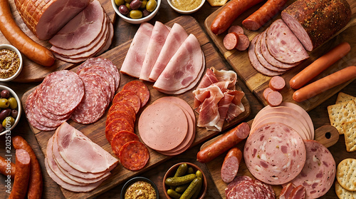 Gourmet assortment of processed meats featuring sliced cured deli ham, savory salami, thin prosciutto, and classic hot dogs, arranged as a professional cold cut charcuterie platter background.
