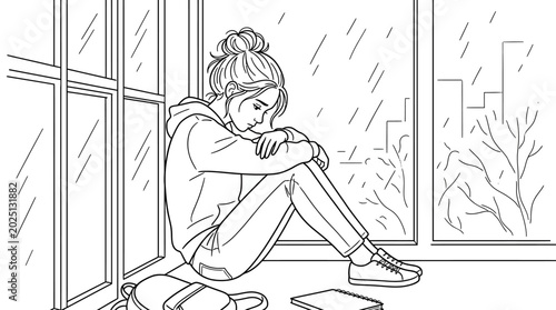 Quadro su tela Sad Girl Sitting by Window on Rainy Day, Feeling Lonely and Melancholy