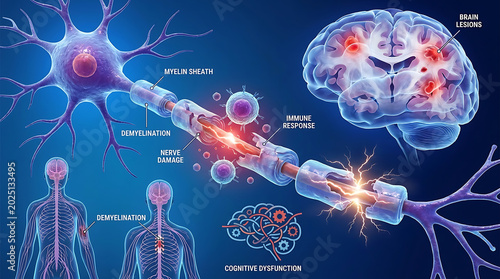 Detailed medical illustration showing Multiple Sclerosis neurological pathology with demyelination of neurons and central system damage from chronic autoimmune inflammatory brain disease.