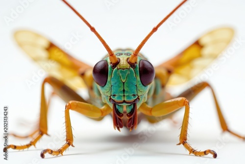 Close-up of cricket's face in front of white background with focused eyes, tiny antennae, and vibrant wings , wildlife, insects