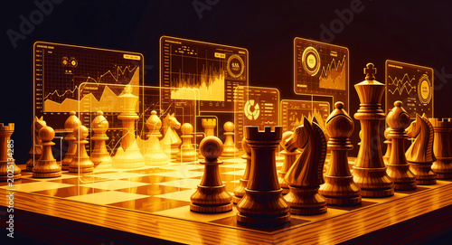 Chess pieces stand on a board with glowing digital data panels and HUD interfaces. Golden financial charts and graphs illustrate complex strategic analysis. AI business strategy concept.