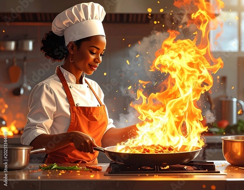 Focused Female Chef Cooking Flaming Pan Dish in Modern Commercial Kitchen