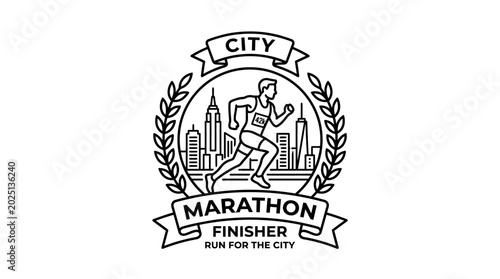 Tableau sur toile City Marathon Runner Emblem with Skyline and Laurel Wreath - Line Art