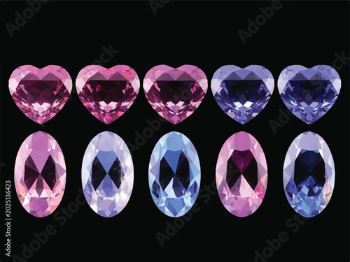 Heart shape and oval precious stones in pink and blue on dark background  gems and jewels