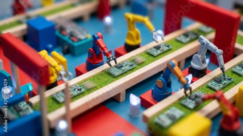 Miniature Automated Factory Assembly Line with Robotic Arms and PCBs
