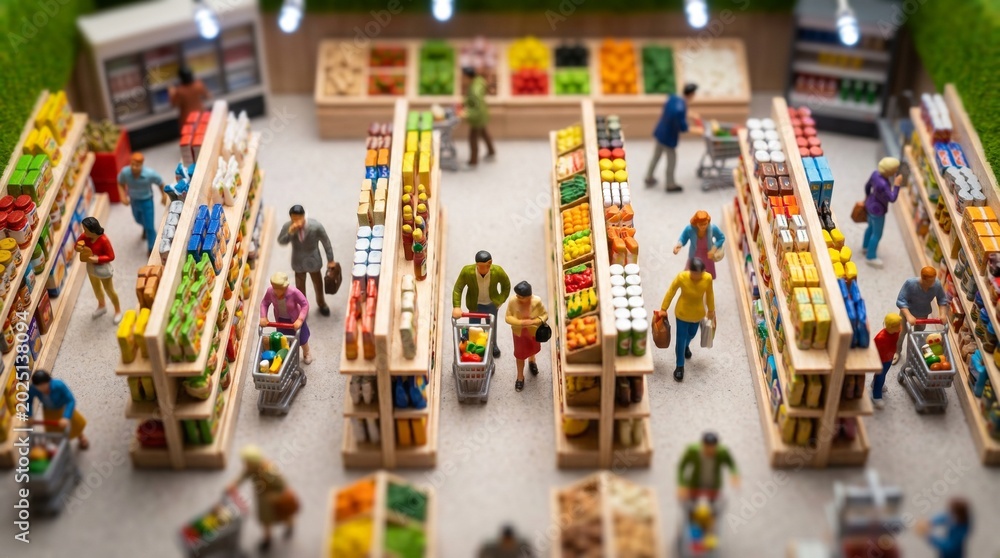 Naklejka premium Detailed Miniature Diorama of People Shopping in a Small Supermarket