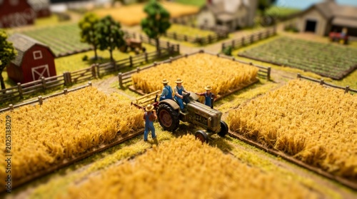 Miniature Diorama of Farmers Harvesting Wheat with a Tractor