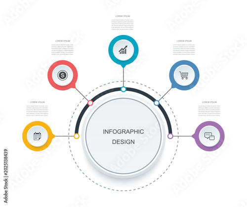 Business circular infographic with five options process diagram template.