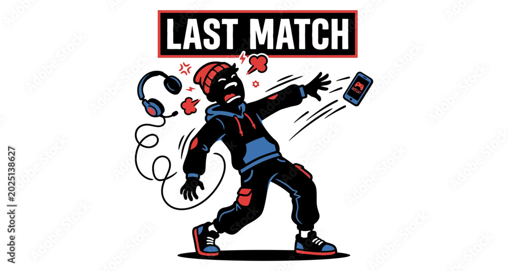 Fototapeta premium Gamer frustration in silhouette during a final match losing a phone and headset in vector style