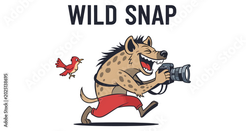 Hyena photographer running with camera chasing bird during wildlife photography adventure vector silhouette