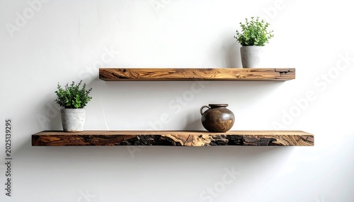 Rustic Wooden Floating Shelves Displaying Potted Plants and Ceramic Jug on White Wall