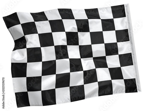 Waving Black and White Checkered Racing Flag Isolated on Gray Background