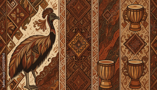 Papuan Tribal Pattern with Bird of Paradise and Traditional Drum Vector Illustration