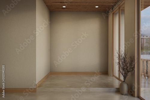 Flower vase beside marble step raised floor and glass window wall with wooden ceiling in house foyer