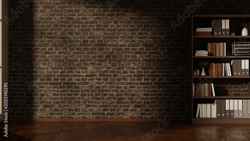 Tableau sur toile Empty old rustic bricks wall and bookshelf on wooden parquet floor with sunlight