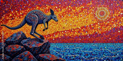 Colorful Aboriginal art kangaroo jumping on a rocky outcropping, #Kangaroo, #NatureInspired