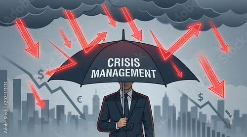 Protective Umbrella Shielding a Business Against Sharp Falling Arrows Symbolizing Corporate Resilience and Crisis Management During Financial Downturn and Economic Risk Situations.