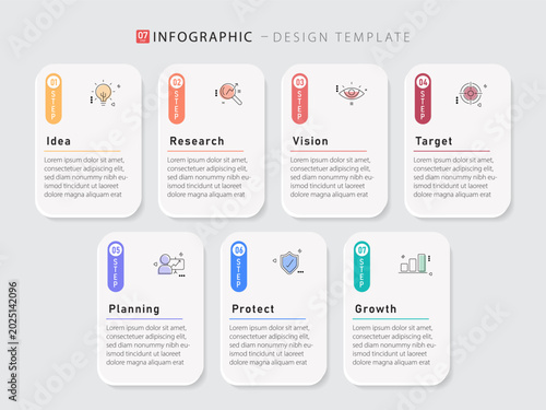 Business infographic template. 7 Step timeline journey. Process diagram, 7 options on white background, Infograph elements, technology, education, modern vector illustration.