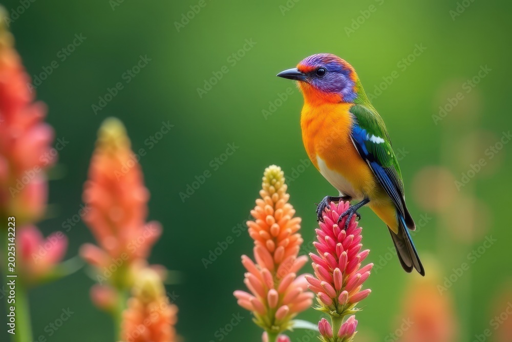 Fototapeta premium Colorful bird perched on blooming flower stalks, birds, colorful